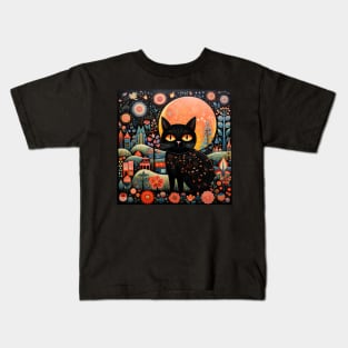 Surrealistic Folk Art Dark Floral Motif Black Cat Design Kids T-Shirt